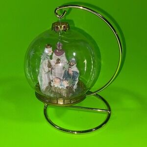 Nativity Scene Glass Globe Christmas Ornament w/Gold Display Stand Etched Star